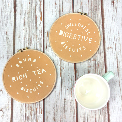 Rich Tea and Digestive Biscuit Embroidery Hoop 7"