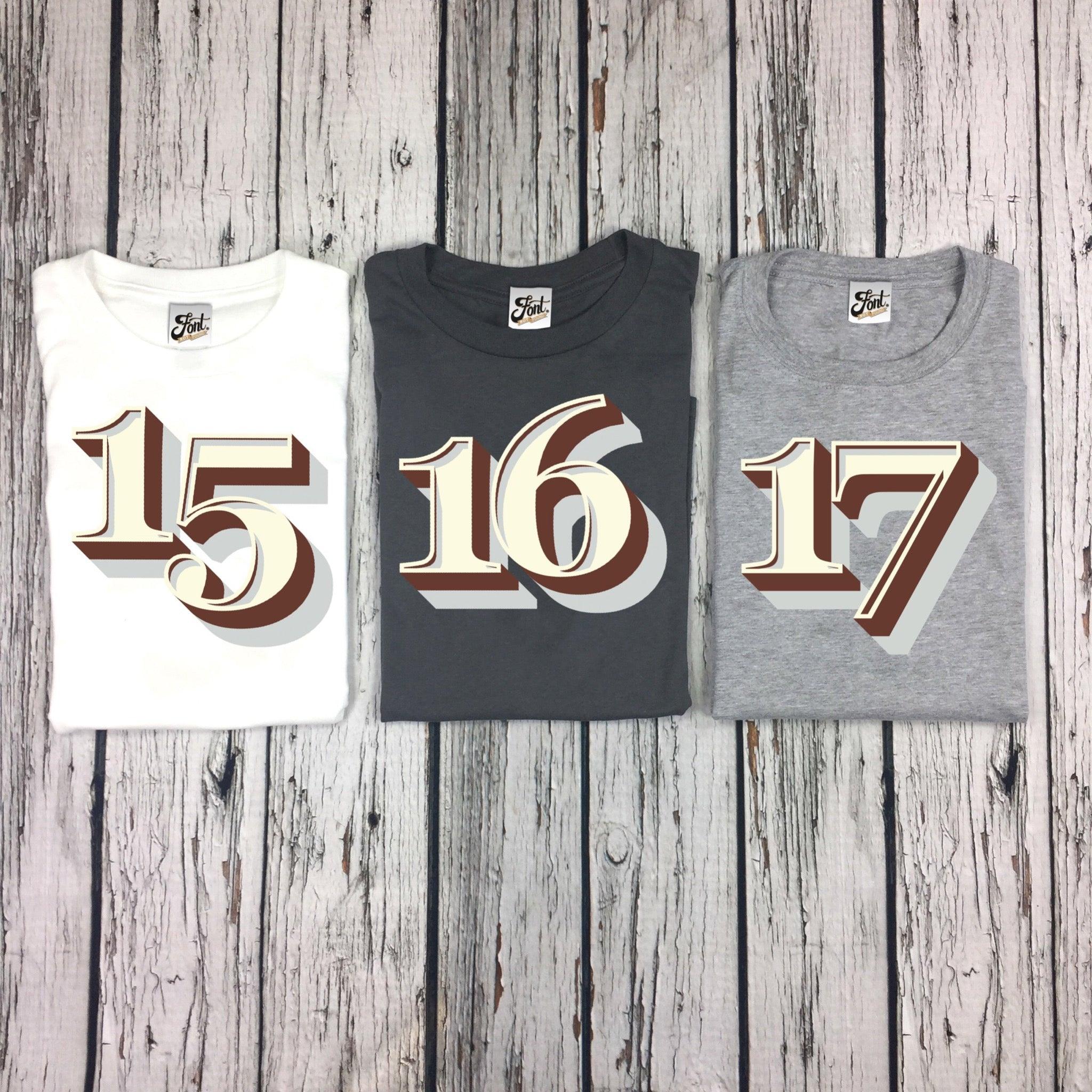 Birthdays 15, 16, 17, 18, 19, 20, 21 Male/Female T-Shirt - Stirling Shadow Font Not Found, Font: Stirling Shadow, Men's Clothes, T-Shirt: Numbers, T-Shirts, Teen Clothes, Womens Clothes 44ideas.co.uk