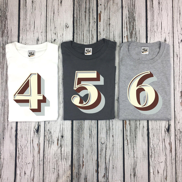 Kids number shirts 3-9 - Stirling Shadow Font Not Found, Font: Stirling Shadow, T-Shirt: Numbers, T-Shirts, Teen Clothes 44ideas.co.uk