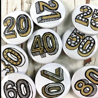 Birthday Badges! 20-80 - Juniper Red Accessories, Anniversary, Badges, Birthday 44ideas.co.uk