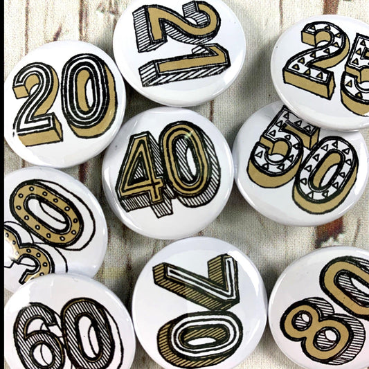 Birthday Badges! 20-80 - Juniper Red Accessories, Anniversary, Badges, Birthday 44ideas.co.uk