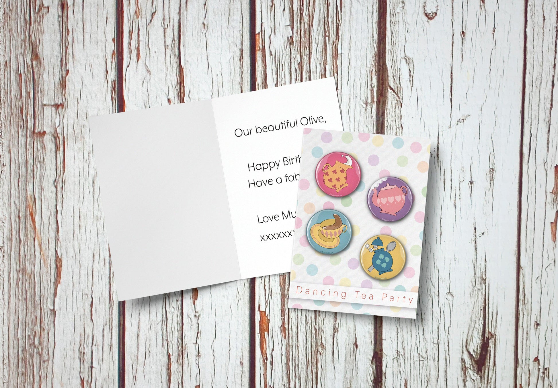 Birthday Badge Card- Dancing Tea Party Badges, Birthday, Cards, Lucy Teacup 44ideas.co.uk