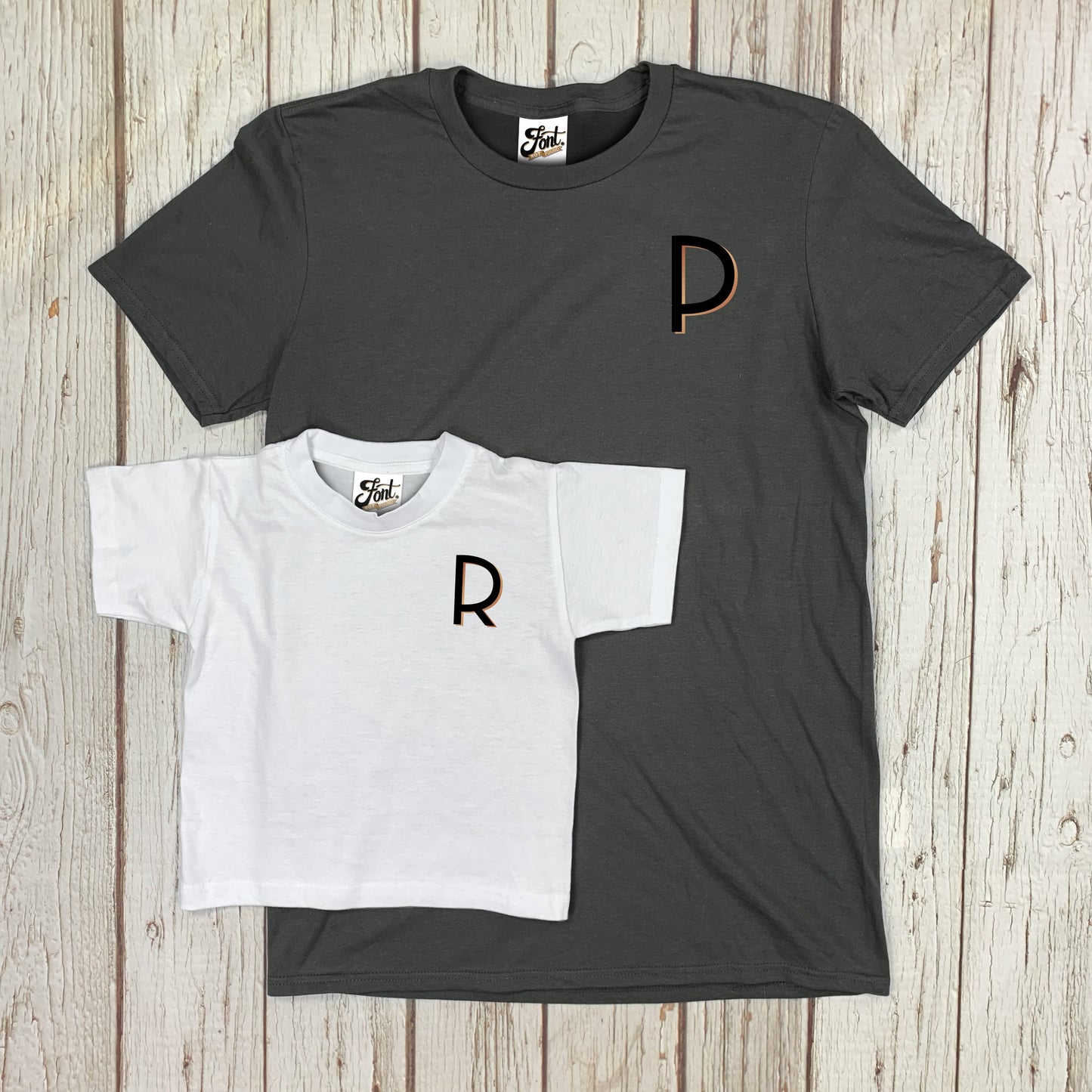 Dad/Child Matching Letter T-Shirts - Branson Deals, Father's Day, Font Not Found, Font: Branson, Kid's Clothes, Men's Clothes, Mother's Day, T-Shirts: Letters 44ideas.co.uk