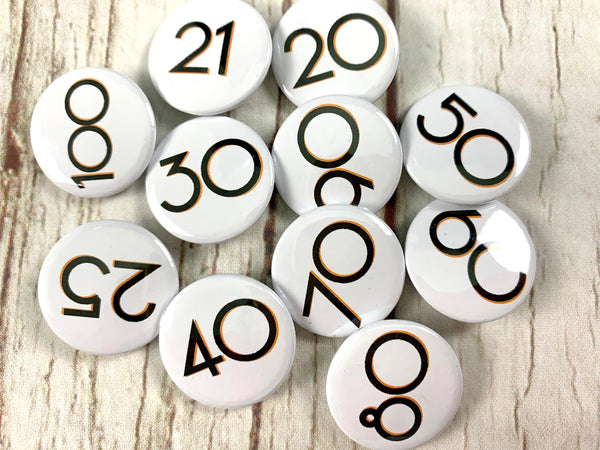 Birthday Badges! 20-100 -Branson Accessories, Badges, Font Not Found, Font: Branson 44ideas.co.uk