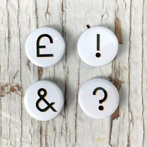 Punctuation Pin Badges - Branson Accessories, Badges, Font Not Found, Font: Branson 44ideas.co.uk