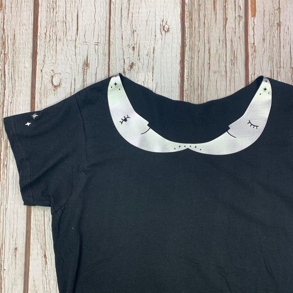 Crescent Moon Peter-Pan Collar Woman's Black T-Shirt Lucy Teacup, T-Shirts, Womens Clothes 44ideas.co.uk