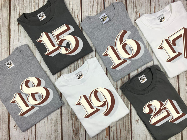 Birthdays 15, 16, 17, 18, 19, 20, 21 Male/Female T-Shirt - Stirling Shadow Font Not Found, Font: Stirling Shadow, Men's Clothes, T-Shirt: Numbers, T-Shirts, Teen Clothes, Womens Clothes 44ideas.co.uk