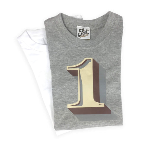 First Birthday Kids' T-shirt - Stirling Shadow Baby Clothes, Font Not Found, Font: Stirling Shadow, New Baby, T-Shirt: Numbers, T-Shirts 44ideas.co.uk