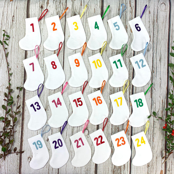 Rainbow Christmas Advent Calendar Mini Stockings - Bingley Bang Christmas, Christmas: Advent, Christmas: Stockings, Font Not Found, Font: Bradford Buzz, Rainbow 44ideas.co.uk