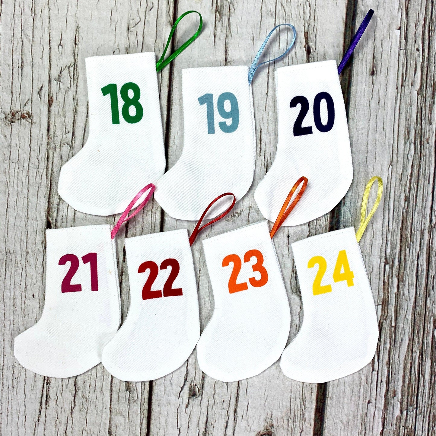 Rainbow Christmas Advent Calendar Mini Stockings - Bingley Bang Christmas, Christmas: Advent, Christmas: Stockings, Font Not Found, Font: Bradford Buzz, Rainbow 44ideas.co.uk