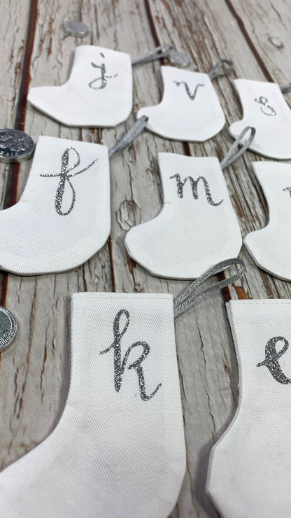 Little White and Silver Christmas Stockings - The Monroe Christmas, Christmas: Stockings, Font Not Found, Font: The Monroe 44ideas.co.uk