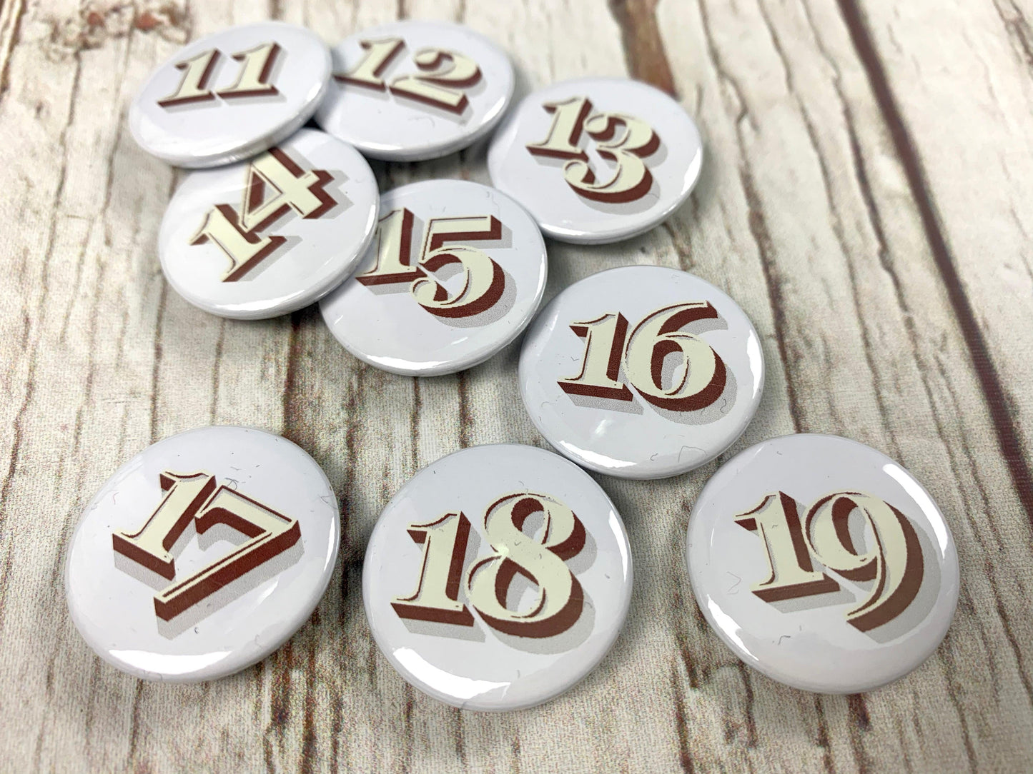 Birthday Number Badges 11-19 - Stirling Shadow Accessories, Anniversary, Badges, Birthday, Font: Stirling Shadow 44ideas.co.uk