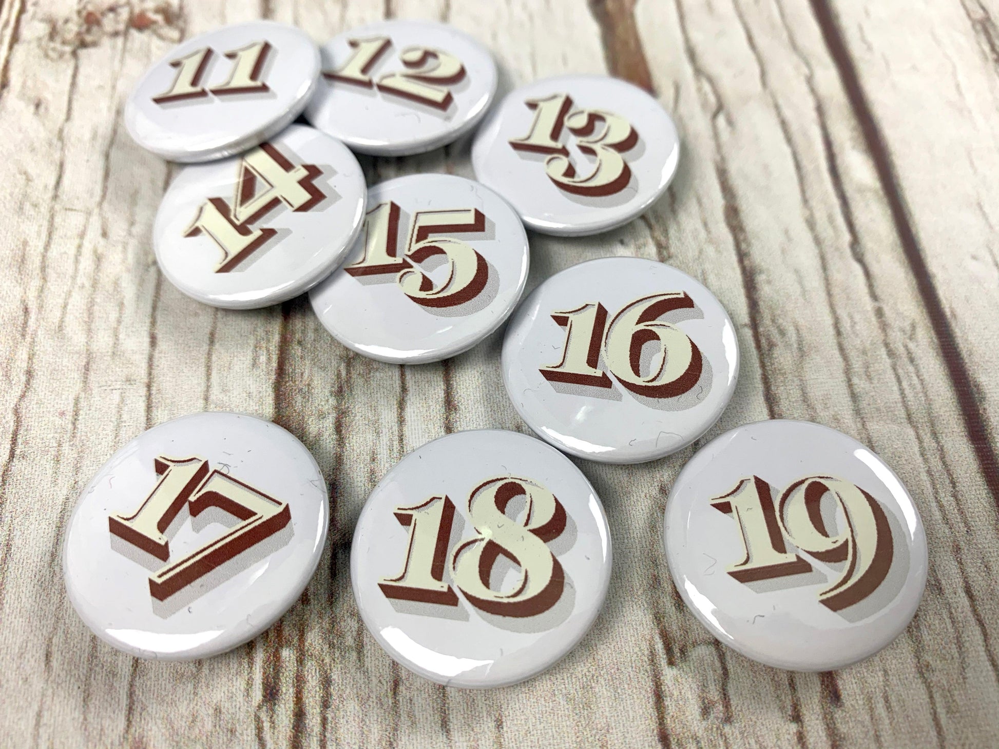 Birthday Number Badges 11-19 - Stirling Shadow Accessories, Anniversary, Badges, Birthday, Font: Stirling Shadow 44ideas.co.uk