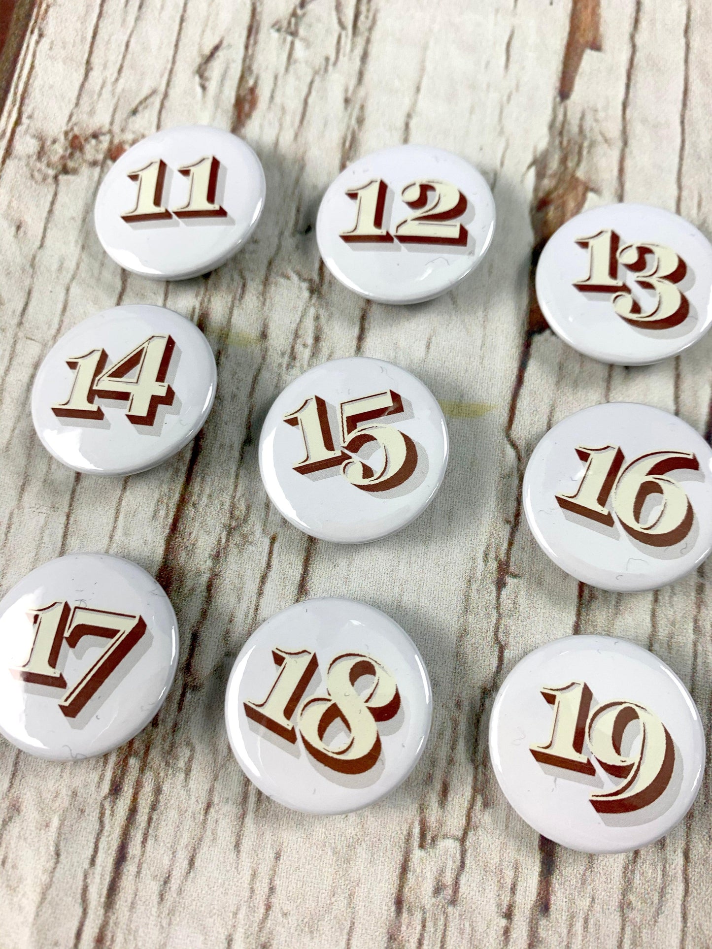 Birthday Number Badges 11-19 - Stirling Shadow Accessories, Anniversary, Badges, Birthday, Font: Stirling Shadow 44ideas.co.uk