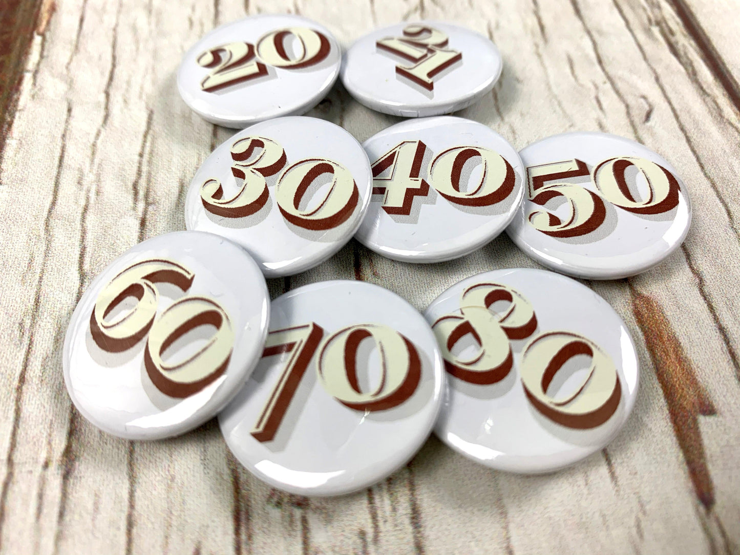 Birthday Number Badges 20-80 - Stirling Shadow Accessories, Badges, Font Not Found, Font: Stirling Shadow 44ideas.co.uk