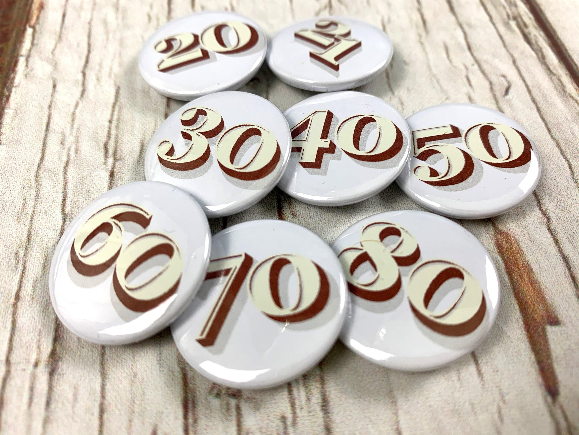 Birthday Number Badges 20-80 - Stirling Shadow Accessories, Badges, Font Not Found, Font: Stirling Shadow 44ideas.co.uk