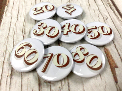 Birthday Number Badges 20-80 - Stirling Shadow Accessories, Badges, Font Not Found, Font: Stirling Shadow 44ideas.co.uk