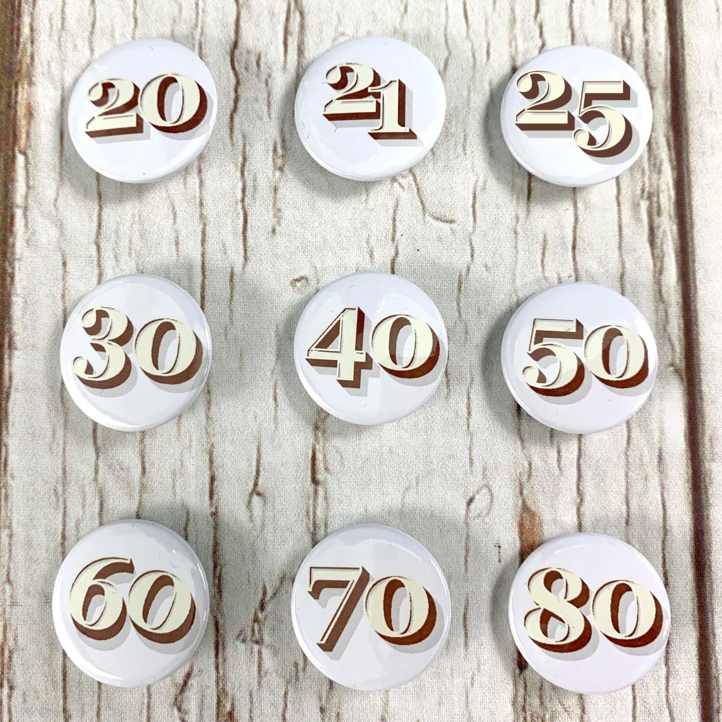 Birthday Number Badges 20-80 - Stirling Shadow Accessories, Badges, Font Not Found, Font: Stirling Shadow 44ideas.co.uk