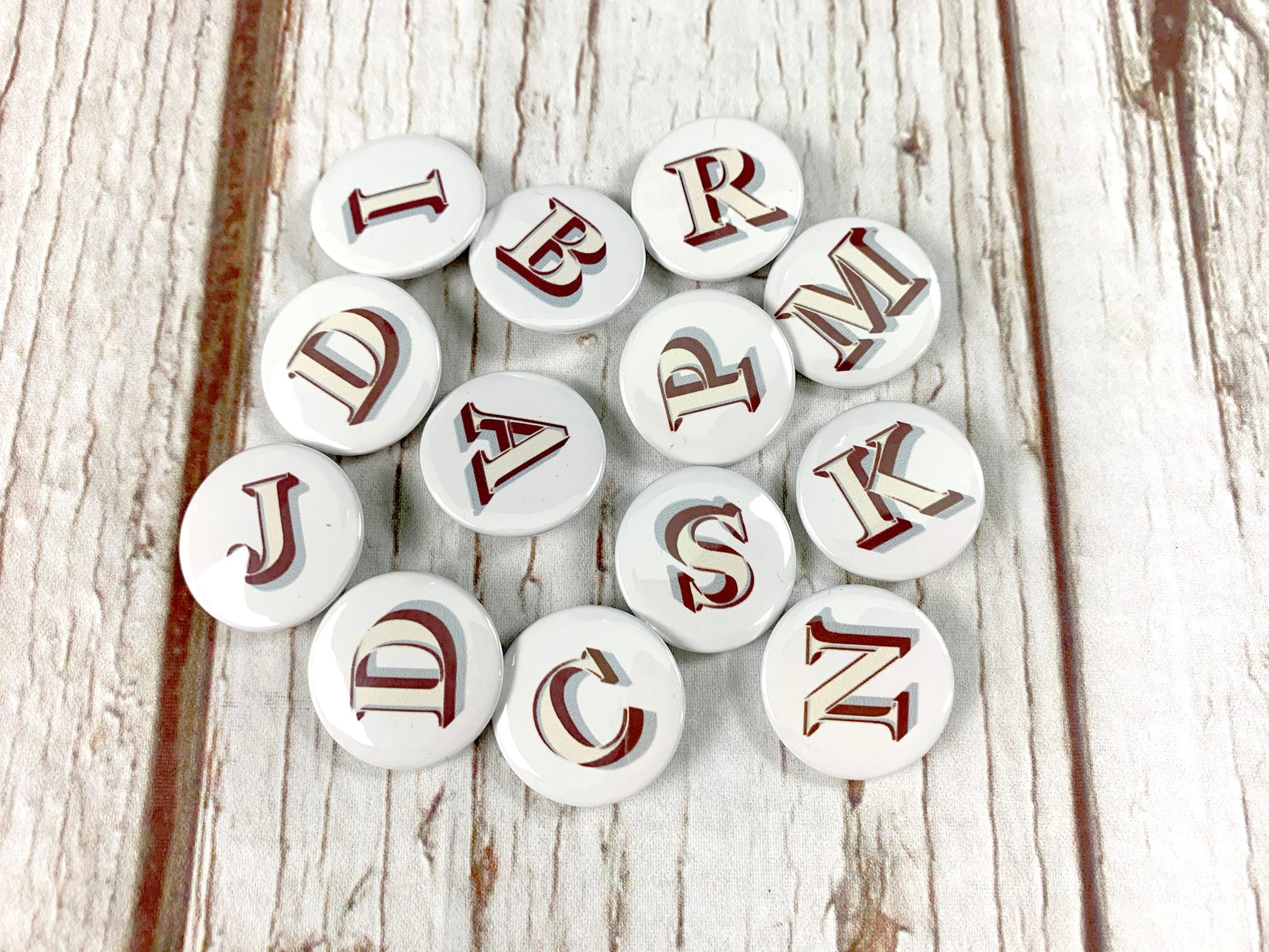 Alphabet Button Badges-Stirling Shadow Accessories, Badges, Font Not Found, Font: Stirling Shadow 44ideas.co.uk