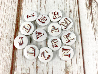 Alphabet Button Badges-Stirling Shadow Accessories, Badges, Font Not Found, Font: Stirling Shadow 44ideas.co.uk