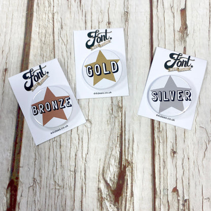 Prize Pin Badges - Gold, Silver, Bronze Accessories, Badges, Font Not Found, Font: Bingley Bang 44ideas.co.uk
