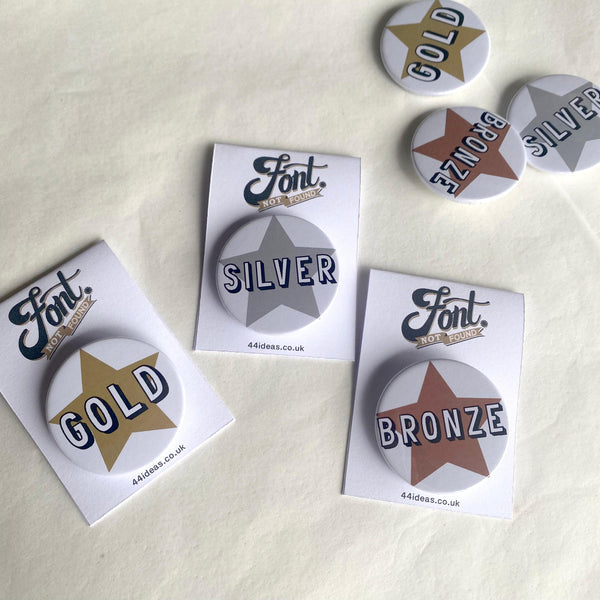 Prize Pin Badges - Gold, Silver, Bronze Accessories, Badges, Font Not Found, Font: Bingley Bang 44ideas.co.uk